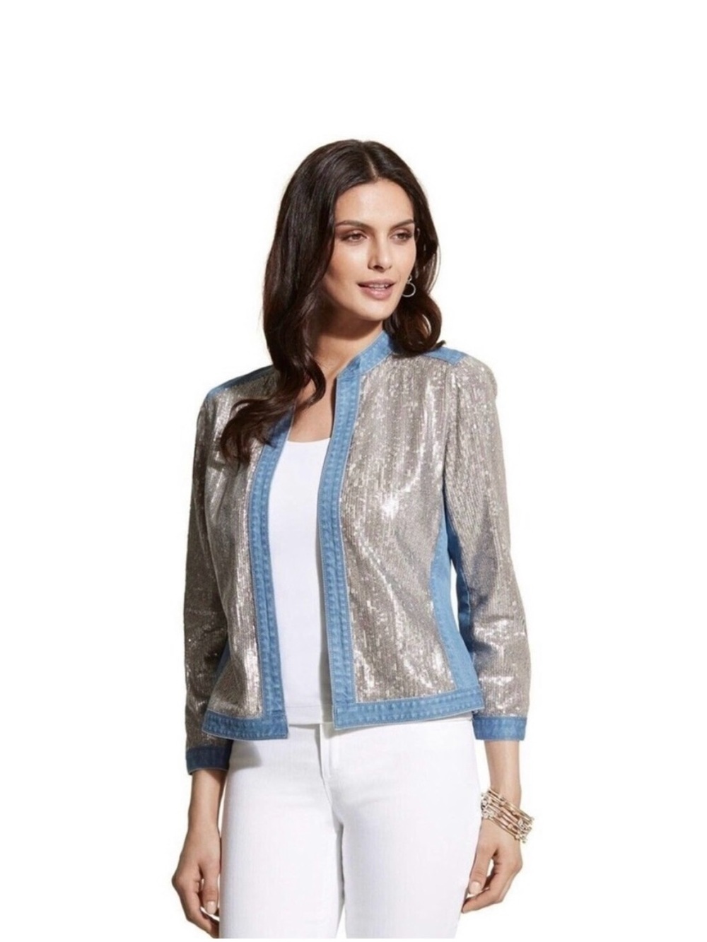 Chico’s Women’s Silver Sequin Trim Light Blue Denim Jacket